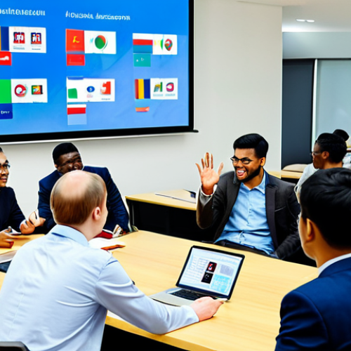 Home 15 A diverse group of young professionals and university students, hailing from various continents including Africa and Asia, engaged in a collaborative learning session. They are fully clothed in professional, modest business and academic attire. The setting is a bright, modern international conference center, featuring large screens displaying global communication and digital learning tools. The atmosphere is one of enthusiastic cross-cultural exchange, highlighting the growing global interest in the Russian language for education and business. The image features perfect anatomy, correct proportions, well-formed hands, proper finger count, and natural body proportions. This is a safe for work, appropriate content, family-friendly, high-quality professional photograph, showcasing international collaboration and the future of global languages.