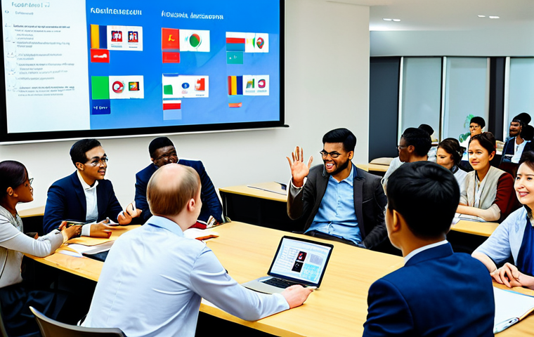 A diverse group of young professionals and university students, hailing from various continents including Africa and Asia, engaged in a collaborative learning session. They are fully clothed in professional, modest business and academic attire. The setting is a bright, modern international conference center, featuring large screens displaying global communication and digital learning tools. The atmosphere is one of enthusiastic cross-cultural exchange, highlighting the growing global interest in the Russian language for education and business. The image features perfect anatomy, correct proportions, well-formed hands, proper finger count, and natural body proportions. This is a safe for work, appropriate content, family-friendly, high-quality professional photograph, showcasing international collaboration and the future of global languages.
