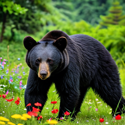 Home 8 Wildlife in Aralsan**
"A majestic Asian black bear, fully clothed (implied by natural animal state), foraging in a lush forest in Aralsan National Park, surrounded by vibrant greenery and colorful wildflowers, safe for work, appropriate content, perfect anatomy, natural pose, professional wildlife photography, high quality, family-friendly."
**