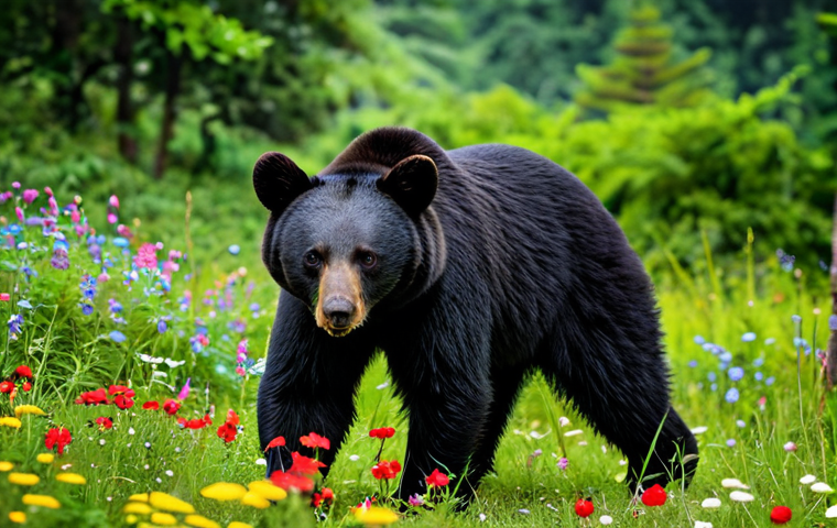 Wildlife in Aralsan**

"A majestic Asian black bear, fully clothed (implied by natural animal state), foraging in a lush forest in Aralsan National Park, surrounded by vibrant greenery and colorful wildflowers, safe for work, appropriate content, perfect anatomy, natural pose, professional wildlife photography, high quality, family-friendly."

**
