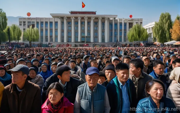 키르기스스탄 최근 쿠데타 사건 - **Prompt:** A wide-angle, cinematic shot capturing a large, diverse crowd of people gathered peacefu...