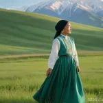 Home 9 초이굴르 아이트마토프 작품 - **Prompt 1: "Whispers of the Steppes"**
A wide shot of a young woman, perhaps in her early twent...