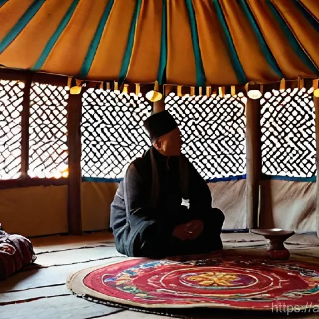 키르기스스탄 전통 게르 숙박 - **Prompt:** A cozy and inviting interior of a traditional Kyrgyz yurt at dusk. The circular space is...
