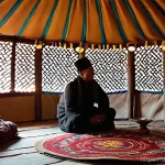 Home 8 키르기스스탄 전통 게르 숙박 - **Prompt:** A cozy and inviting interior of a traditional Kyrgyz yurt at dusk. The circular space is...