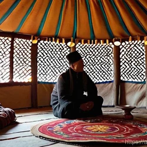 Home 20 키르기스스탄 전통 게르 숙박 - **Prompt:** A cozy and inviting interior of a traditional Kyrgyz yurt at dusk. The circular space is...