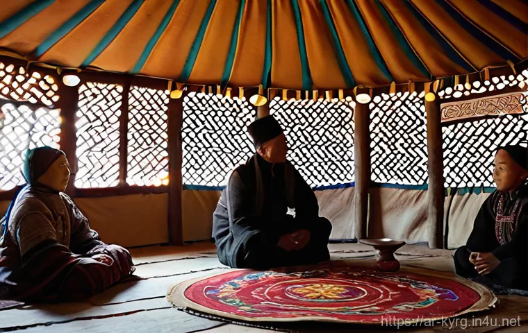키르기스스탄 전통 게르 숙박 - **Prompt:** A cozy and inviting interior of a traditional Kyrgyz yurt at dusk. The circular space is...