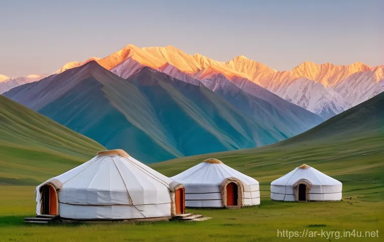 키르기스스탄 전통 게르 숙박 - **Prompt:** A cozy and inviting interior of a traditional Kyrgyz yurt at dusk. The circular space is...