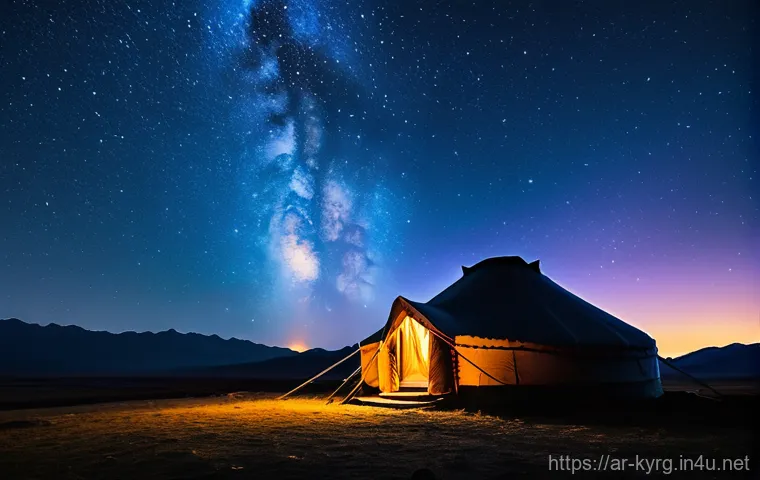 키르기스스탄 전통 게르 숙박 - **Prompt:** A majestic panoramic view of a traditional Kyrgyz yurt camp nestled in a vibrant green m...