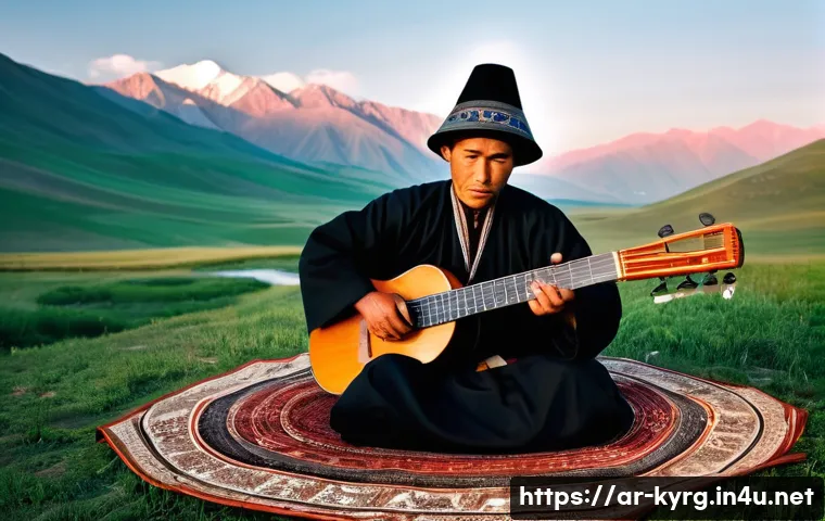 코무즈 연주 배우기 - Echoes of the Steppe: The Komuz Virtuoso**

A majestic, wide-angle shot of a male "komuzchu" (Komuz ...