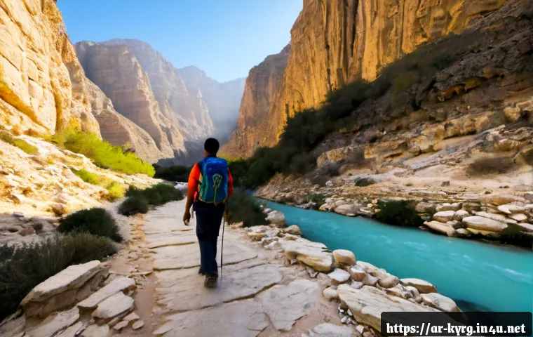 알라르차 협곡 여행 팁 - Photorealistic wide-angle travel scene in a dramatic sunlit mountain canyon, rugged limestone cliffs...