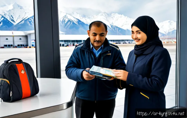 키르기스스탄 입국 규정 - Photorealistic international airport immigration scene in Kyrgyzstan, an Arab family in modest conte...