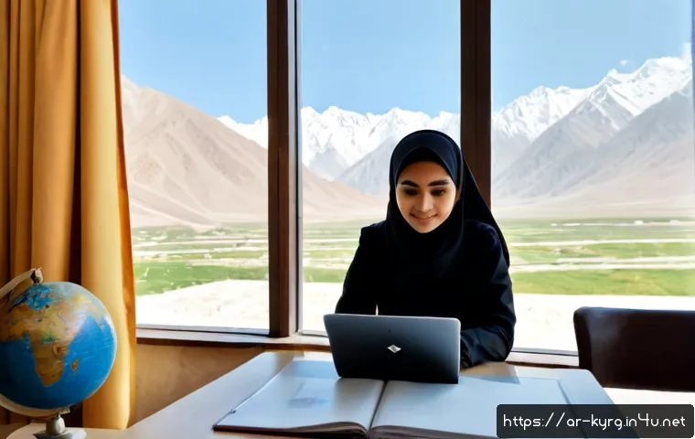 Home 17 키르기스스탄 유학 가이드 - Photorealistic Arab university student wearing modest casual clothing, seated at a clean desk compar...